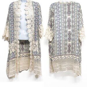 Boho Chic Bohemian Print Lace Crochet Kimono Open Front Cardigan Shawl Top